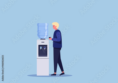 Man Stands near Water Cooler Holding Small Cup