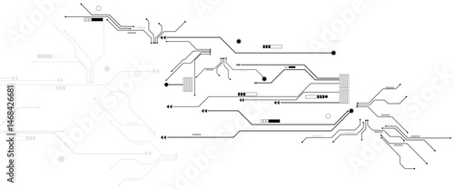 Vector black and white circuit electronic or electrical line with circle engineering technology.