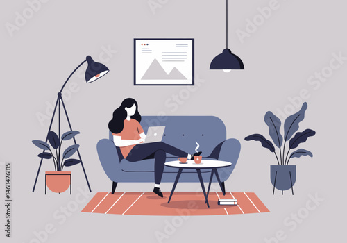 Woman Working Remotely at Home Office on Laptop