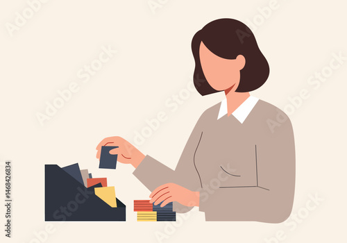 Woman Filing Documents For Business Data Management And Organization