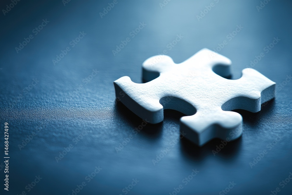 Obraz premium A close-up view of a single white puzzle piece resting on a soft blue background. symbolizing problem-solving. creativity. and the completion of tasks in various contexts