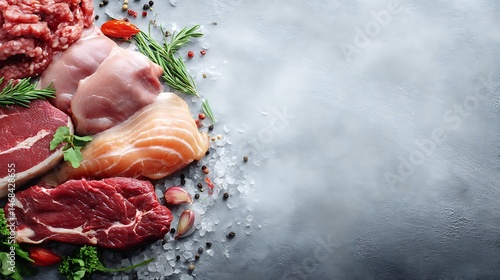 Assorted raw meats on gray backdrop, wide banner with room for text