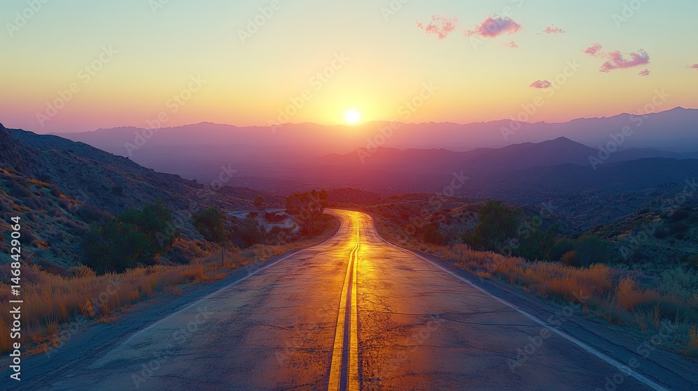 Scenic highway at sunset through a mountain range. Scenic highway at sunset through a mountain range.