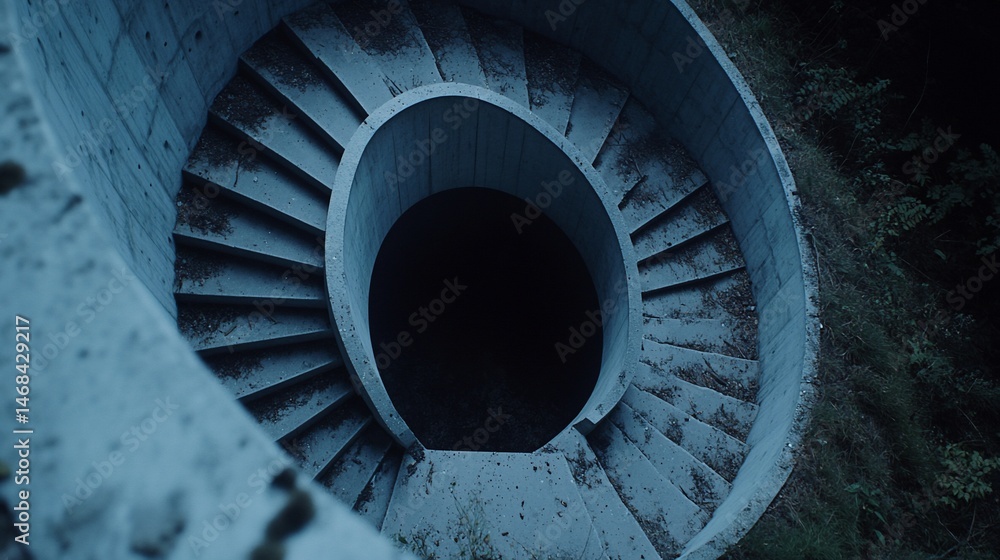 Fototapeta premium A descending spiral staircase of concrete, enveloped by a shadowy, verdant environment