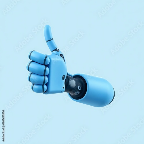 A light blue robot hand giving a thumbs up gesture against a light blue solid color background image view
