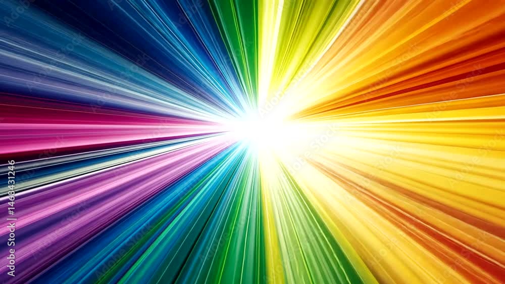 Vibrant rainbow colors burst outwards from a central bright white light, creating a dynamic, energetic starburst effect