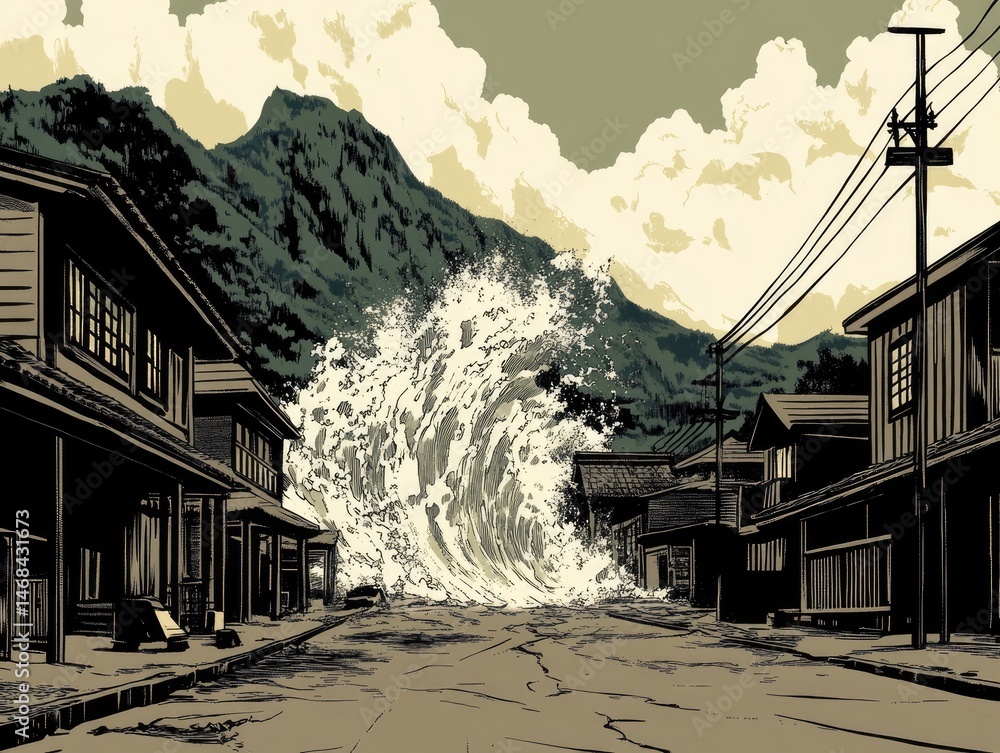 Fototapeta premium Coastal village overwhelmed by a destructive tsunami.