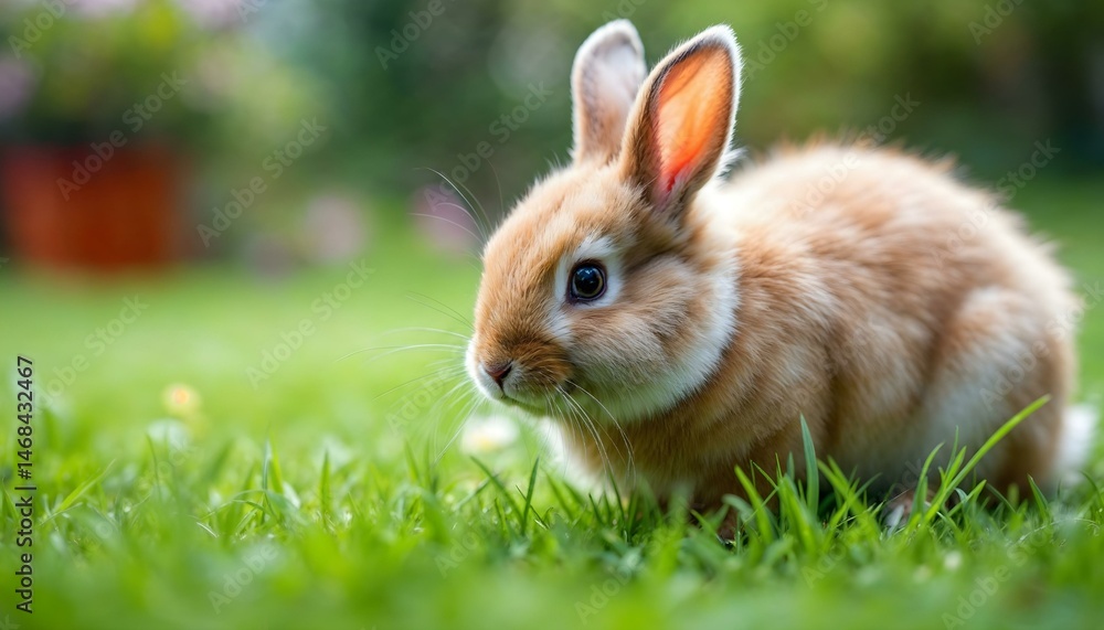 Fototapeta premium Rabbit Sniffing Grass in Garden