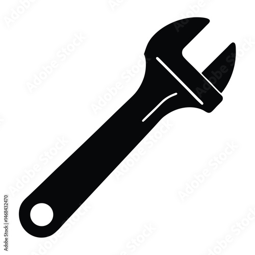 A solid black silhouette outlines an adjustable wrench tool isolated over white