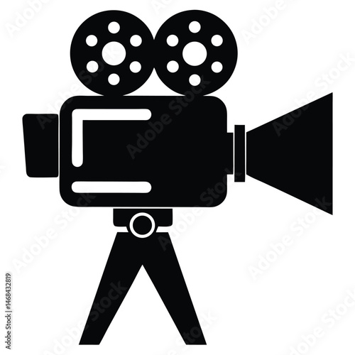 An oldfashioned film camera, presented in a silhouette, sits on its tripod stand