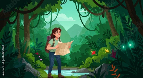 Fototapeta Naklejka Na Ścianę i Meble -  Lost traveler with a map navigating through a dense and colorful jungle