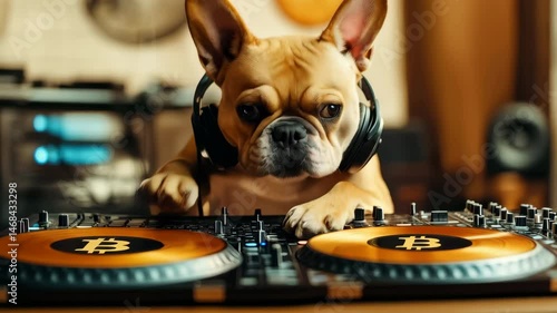 DJ Dog Spinning Tracks in a Cozy Indoor Setup Featuring Bitcoin Logos and Warm Lighting. Generative AI
