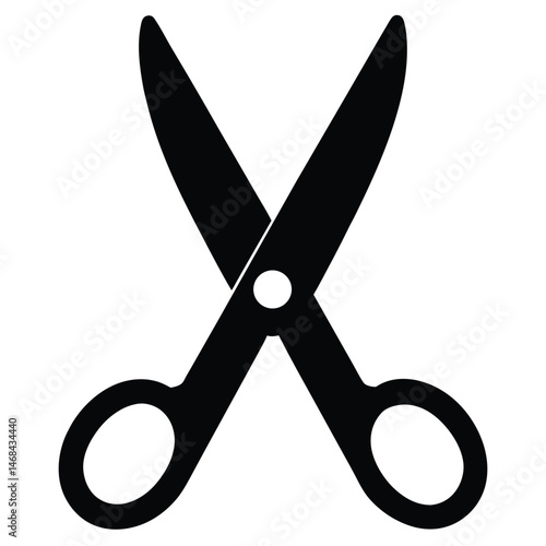 Open black scissors feature rounded handles and sharp blades against a white backdrop