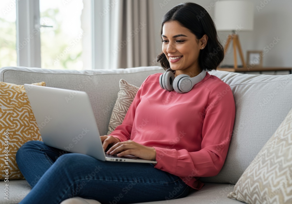 Naklejka premium A beautiful woman smiles while using her laptop and working from the comfort of her home