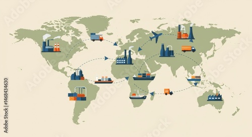 Global supply chain network representation across a world map illustration
