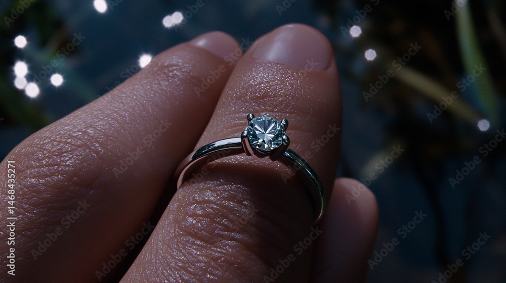 Obraz premium A hand delicately holds a solitaire diamond ring against a bokeh background