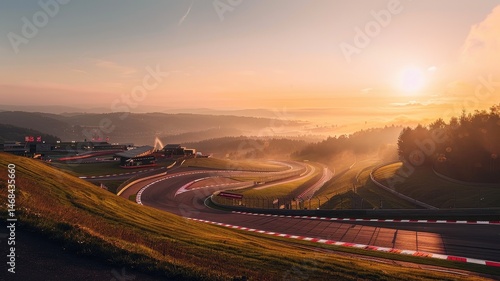 Stunning panoramic view of the Spa Francorchamps Circuit at sunset. The image captures winding roads and lush landscapes in a serene, picturesque setting.