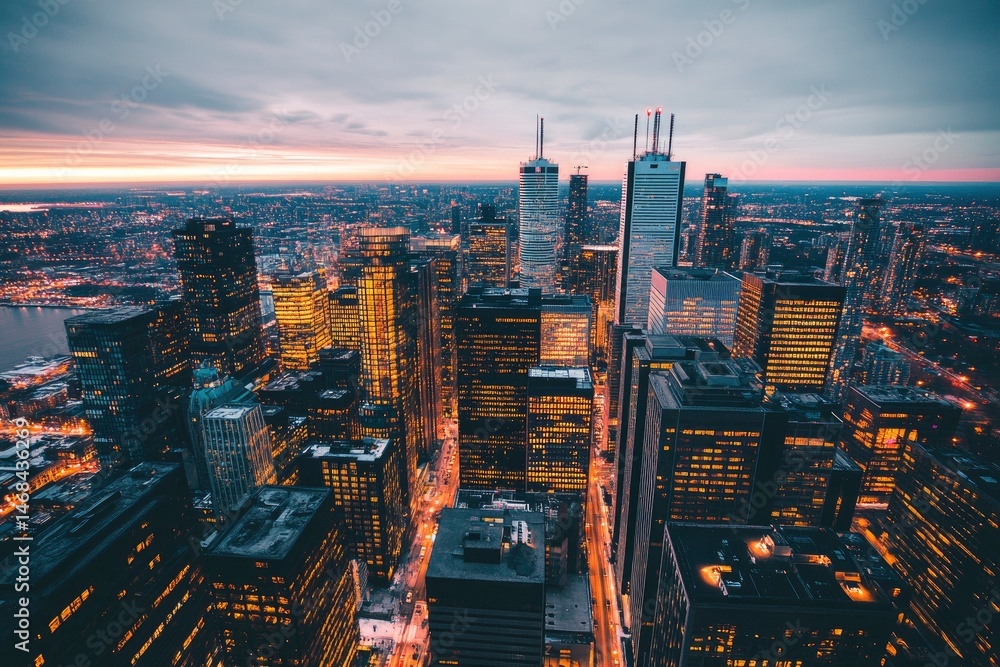 Fototapeta premium Aerial view of a vibrant city skyline at dusk, showcasing illuminated skyscrapers and a bustling urban landscape