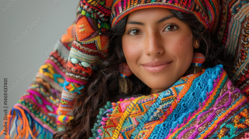 A portrait of a smiling woman adorned in traditional Andean clothing with vibrant colors. A portrait of a smiling woman adorned in traditional Andean clothing with vibrant colors.
