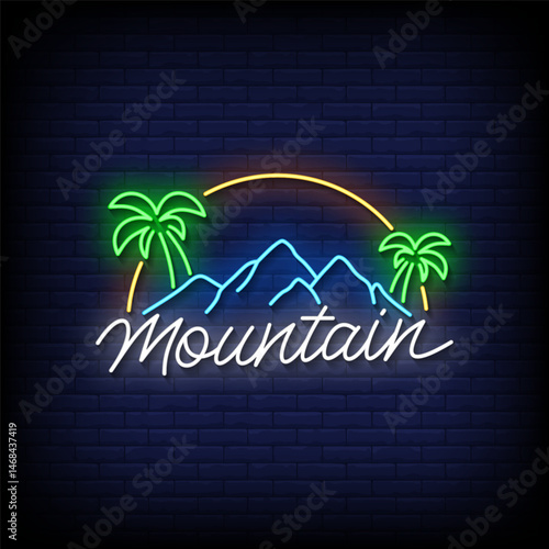 mountain neon sign with brick wall background vector