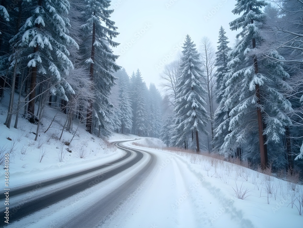 Obraz premium Winding road passing through snowy trees in winter landscape