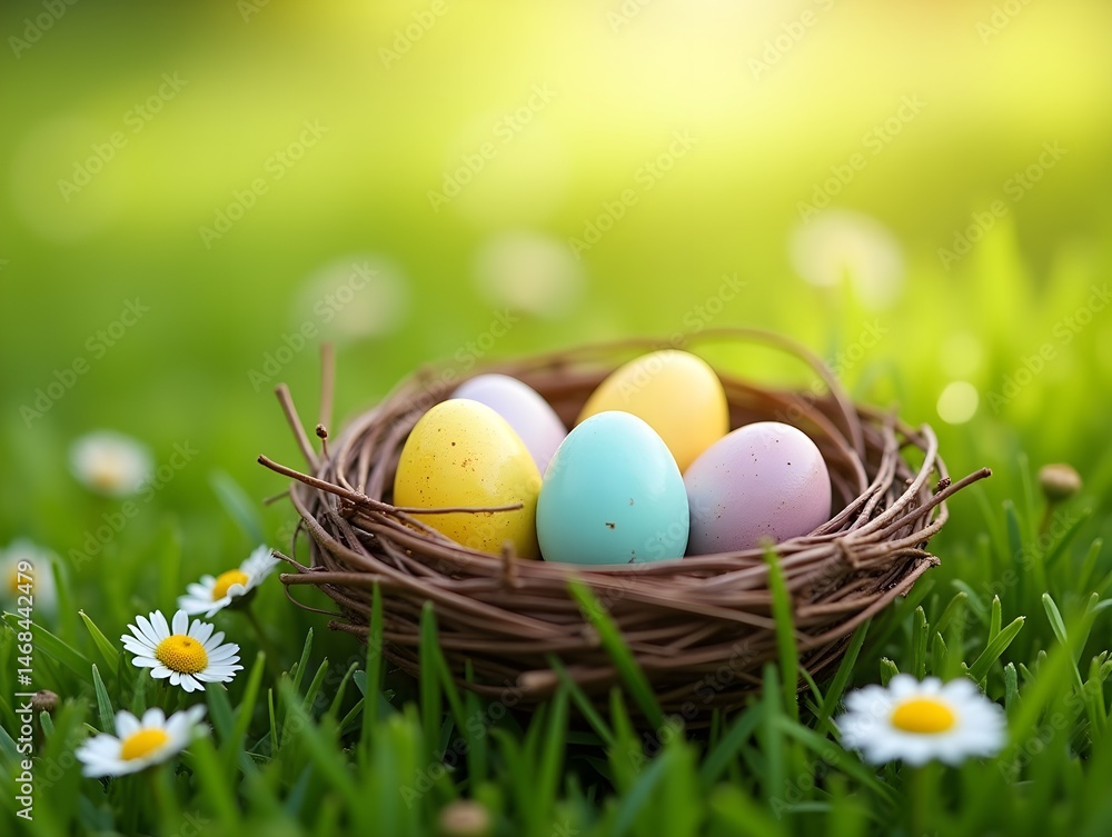 Fototapeta premium Happy Easter. Four speckled eggs sit nestled inside woven bird nest in grass. Small white flowers dot the green field. Sunlight shines on the soft background.