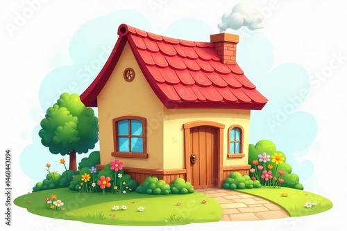 Wallpaper Mural Cute cartoon house with chimney and flowers, perfect for children's books or websites , sweet, cheerful Torontodigital.ca