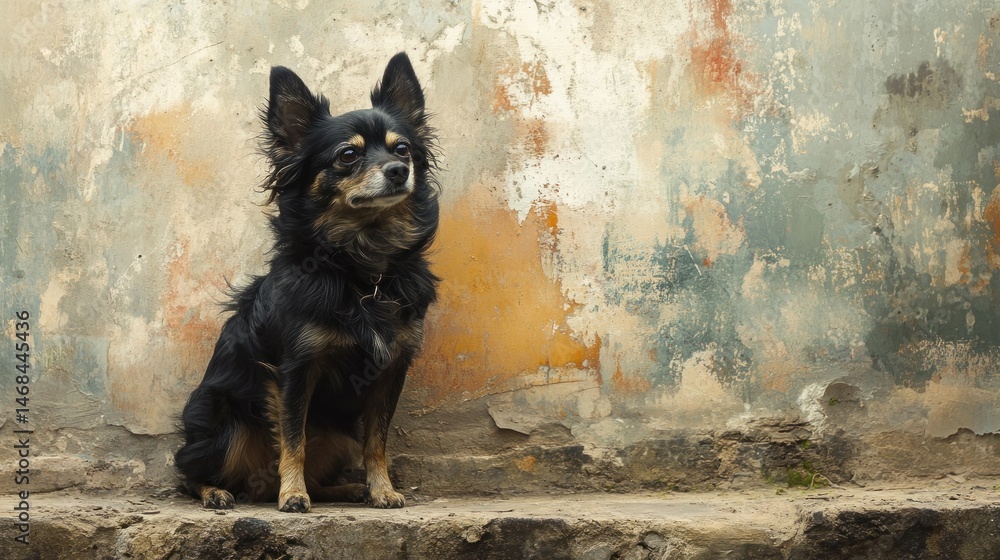 A small dog sits contemplatively in front of a weathered wall A small dog sits contemplatively in front of a weathered wall