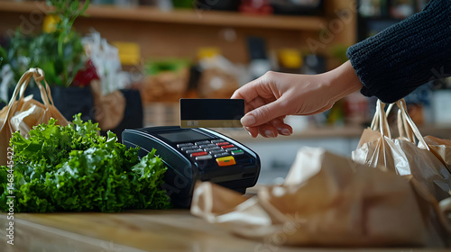Close Up Of Hand Paying With Credit Card At Grocery Checkout