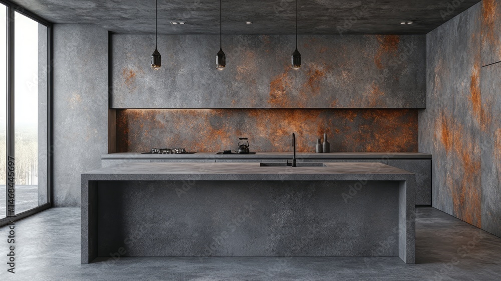 Contemporary rustic kitchen interior with exposed concrete. Contemporary rustic kitchen interior with exposed concrete.