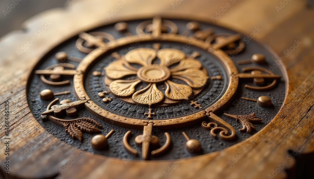 Obraz premium Reiki symbols etched in wood, close-up detail, therapy, vibrational healing, symbols