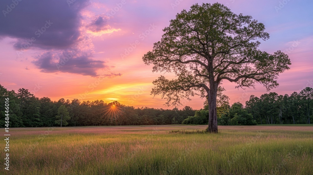 Fototapeta premium Vibrant Sunset Over a Field with a Single Tree