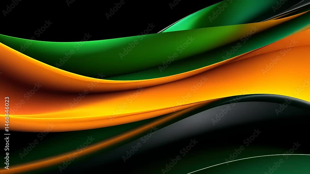 Abstract flowing ribbons in green, orange, and dark colors. Abstract flowing ribbons in green, orange, and dark colors.