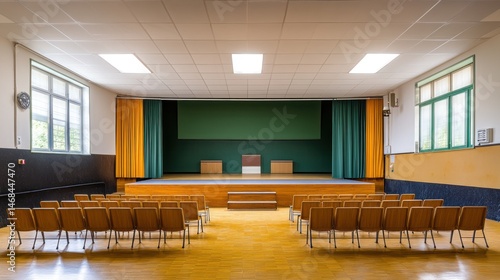 Empty school hall auditorium with stage, ready for event. Possible use Stock photo for event planning, school, venue rental, or empty room