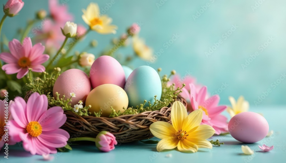 Vibrant pastel eggs nestled in a spring flower arrangement , celebration, Easter egg hunt Vibrant pastel eggs nestled in a spring flower arrangement , celebration, Easter egg hunt