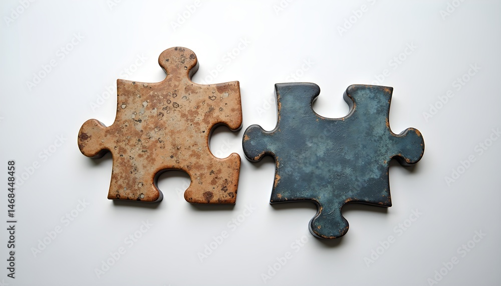 Fototapeta premium Two pieces of a jigsaw puzzle on a white surface.