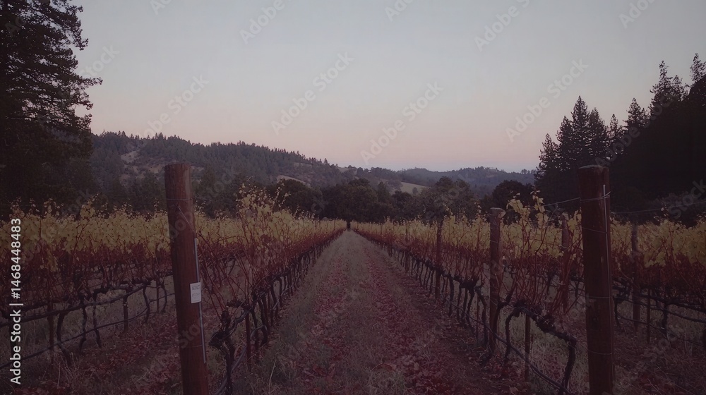 Obraz premium Serene Vineyard Landscape at Dusk Rows of Vines and Rolling Hills