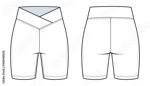 High-Waist Biker Shorts Technical Fashion Illustration. Women’s Compression Shorts Vector Template. Fashion Flats. Side, Front, and Back View. Activewear. CAD Mockup Set.