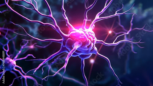 Vibrant purple neurons pulse with pink light, their intricate branches extending against a deep blue, glowing background. Synaptic activity