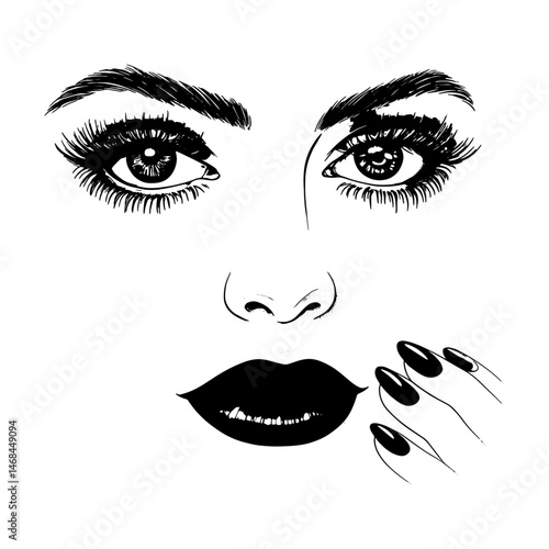 A vector illustration showcases a woman's beautiful face with striking eyes, defined eyebrows, glamorous makeup on her lips, and long black eyelashes, a fashionable design in a cosmetic art set