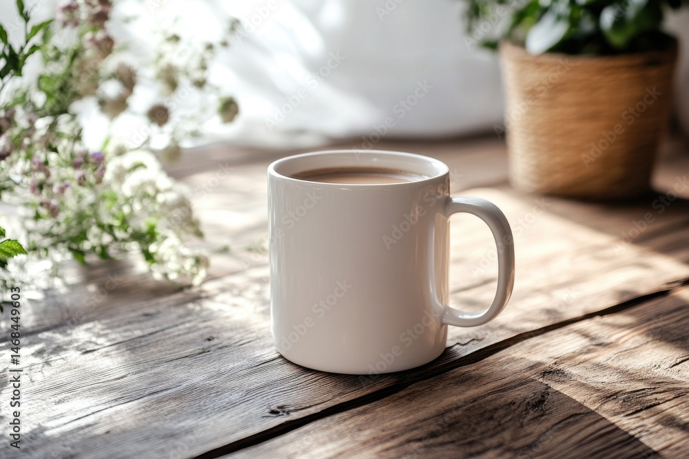 A white coffee mug sits elegantly on a wooden table, surrounded by soft sunlight and greenery, creating a warm and inviting atmosphere for relaxation. A white coffee mug sits elegantly on a wooden table, surrounded by soft sunlight and greenery, creating a warm and inviting atmosphere for relaxation.