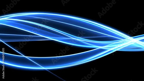 Abstract flowing blue light trails and luminous curves intertwine across a stark black background, creating a dynamic, energetic visual