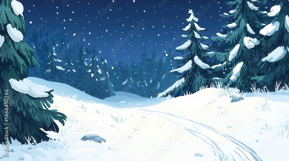 Snowy Night in a Winter Forest Serene Path Through Evergreen Trees Snowy Night in a Winter Forest Serene Path Through Evergreen Trees