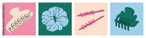 Set of cute posters with hair accessories. Hair claw clips, scrunchies and hair pins. For blog posts, promotional material, social media content, and advertising campaigns. Vector illustration.