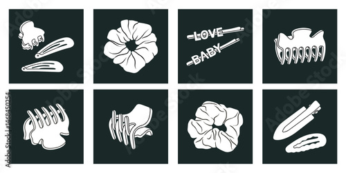 Set of hair claw clips, scrunchies and hair pins. Ideal for fashion blogs, product packaging, online stores, hairstyle guides and commercial branding. Vector illustration, black and white design.