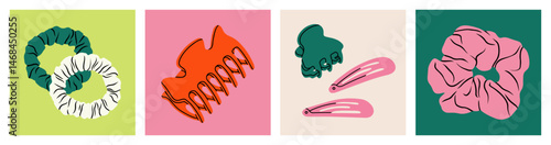 Set of colorful posters with hair accessories. Hair claw clips, scrunchies and hair pins. For blog posts, promotional material, social media content, and advertising campaigns. Vector illustration.