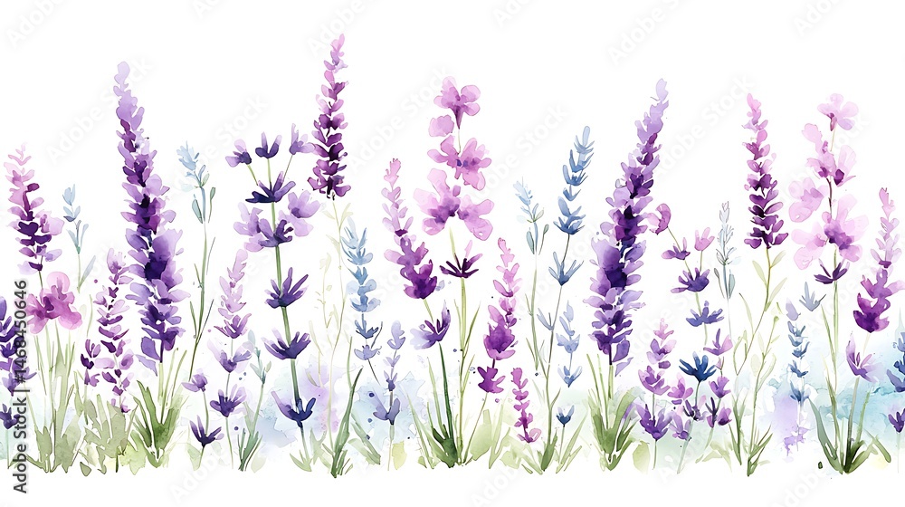Naklejka premium Botanical art watercolor floral arrangement of purple flowers in a vibrant natural setting