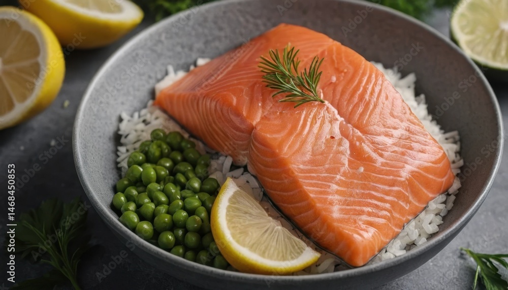 Fresh salmon fillet steak with lemon and herbs, a healthy seafood dinner on a white plate Fresh salmon fillet steak with lemon and herbs, a healthy seafood dinner on a white plate