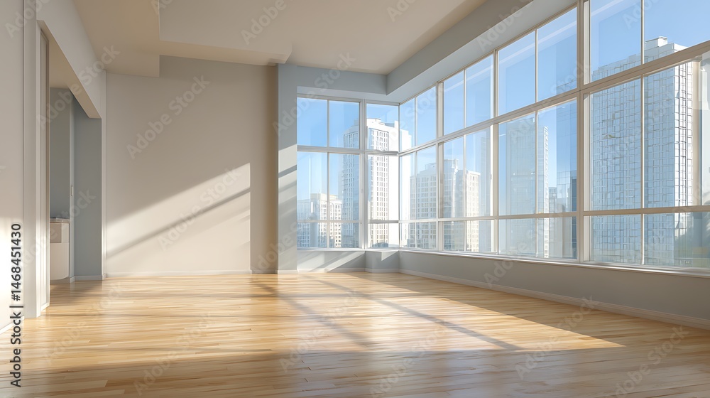 Fototapeta premium Bright, empty room with wooden floor and large windows in a modern apartment during daytime