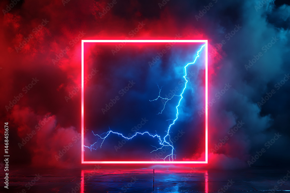Neon-lit square frame surrounded by dramatic stormy clouds and lightning in a dark atmosphere Neon-lit square frame surrounded by dramatic stormy clouds and lightning in a dark atmosphere